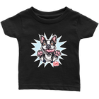 front view of a toddler's black OMG You're Home t-shirt with the Boston Terrier dog design  in full color
