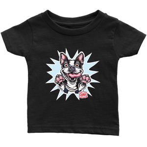 front view of a toddler's black OMG You're Home t-shirt with the Boston Terrier dog design  in full color