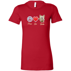 red Bella Womens Shirt featuring the Peace Love Yorkie dog design from OMG You're HOME!