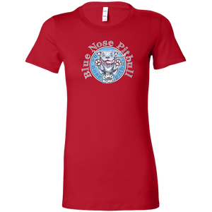 a women's red shirt with the Blue Nose pitbull design on the front