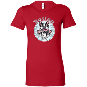 a woman's red shirt with a Boston Terrier dog design by OMG You're Home