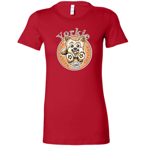 a womans red tshirt with a yorkshire terrier dog drawing on the front