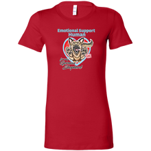 Load image into Gallery viewer, a womens red shirt featuring the original German Shepherd dog artwork by OMG You&#39;re HOME! The text &quot;Emotional Support Human&quot; appears above the design in light blue letters. 