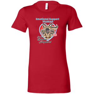 a womens red shirt featuring the original German Shepherd dog artwork by OMG You're HOME! The text "Emotional Support Human" appears above the design in light blue letters. 