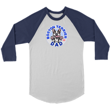 Load image into Gallery viewer, a navy and white 3/4 sleeve jersey with the OMG You&#39;re Home! Boston Terrier dog Dad design on the front 