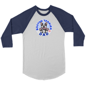 a navy and white 3/4 sleeve jersey with the OMG You're Home! Boston Terrier dog Dad design on the front 