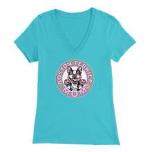 Load image into Gallery viewer, a woman&#39;s light blue v-neck shirt with the OMG You&#39;re Home! Boston Terrier dog Mom design on the front in pink letters