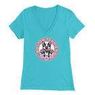 a woman's light blue v-neck shirt with the OMG You're Home! Boston Terrier dog Mom design on the front in pink letters