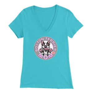 a woman's light blue v-neck shirt with the OMG You're Home! Boston Terrier dog Mom design on the front in pink letters