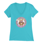 a women's light blue v-neck shirt with the OMG You're Home! Yellow Labrador dog mom design on the front