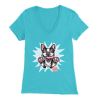 a womens light blue v-neck shirt with the Boston Terrier dog design by OMG You're Home! on the front