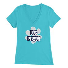 Load image into Gallery viewer, dog person design on a light blue v-neck t-shirt for women dog lovers