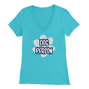 dog person design on a light blue v-neck t-shirt for women dog lovers