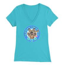 Load image into Gallery viewer, a women&#39;s light blue v neck shirt with the OMG You&#39;re Home! German Shepherd dog mom design on the front