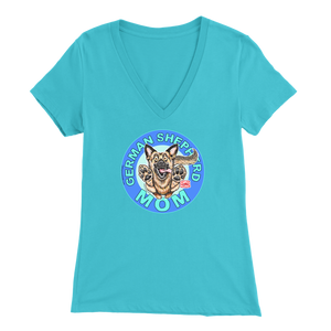 a women's light blue v neck shirt with the OMG You're Home! German Shepherd dog mom design on the front