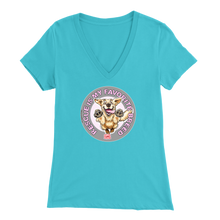 Load image into Gallery viewer, a womens light blue v-neck shirt featuring the original Golden Retriever dog artwork by OMG You&#39;re Home!