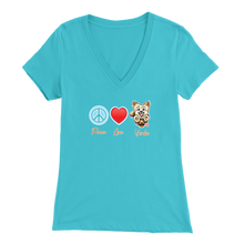 Load image into Gallery viewer, light blue Bella Womens V-Neck Shirt featuring the Peace Love Yorkie dog design from OMG You&#39;re HOME!