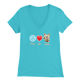 light blue Bella Womens V-Neck Shirt featuring the Peace Love Yorkie dog design from OMG You're HOME!