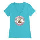 a women's light blue v-neck shirt with the OMG You're Home! Yorkie dog mom design on the front