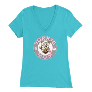 a women's light blue v-neck shirt with the OMG You're Home! Yorkie dog mom design on the front