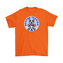 Load image into Gallery viewer, a men&#39;s orange t-shirt featuring the Boston Terrier dog dad design on the front