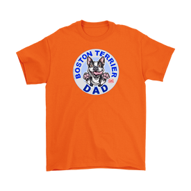 a men's orange t-shirt featuring the Boston Terrier dog dad design on the front