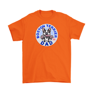 a men's orange t-shirt featuring the Boston Terrier dog dad design on the front