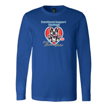 Load image into Gallery viewer, a blue long sleeve shirt featuring the Boston Terrier dog design in the Emotional Support Human collection. Great gift idea for the Bostie dog lover. 