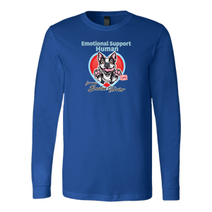 a blue long sleeve shirt featuring the Boston Terrier dog design in the Emotional Support Human collection. Great gift idea for the Bostie dog lover. 