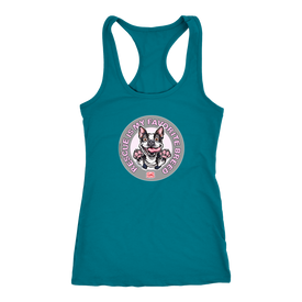 A teal green Next Level Racerback Tank featuring the OMG You're Home! Boston Terrier design with "Rescue is my favorite breed"