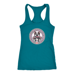 A teal green Next Level Racerback Tank featuring the OMG You're Home! Boston Terrier design with "Rescue is my favorite breed"