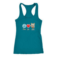 Load image into Gallery viewer, Turquoise Next Level Racerback Tank featuring the Peace Love Yorkie dog design from OMG You&#39;re HOME!