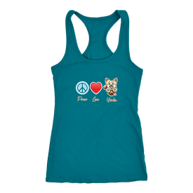 Turquoise Next Level Racerback Tank featuring the Peace Love Yorkie dog design from OMG You're HOME!