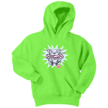 Load image into Gallery viewer, Front view of a youth bright lime green hoodie featuring the OMG Blue Nose Pit Bull design
