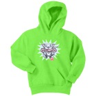 Front view of a youth bright lime green hoodie featuring the OMG Blue Nose Pit Bull design
