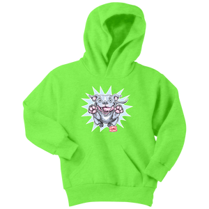 Front view of a youth bright lime green hoodie featuring the OMG Blue Nose Pit Bull design