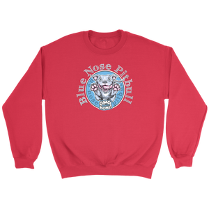 Red crewneck sweatshirt featuring a Blue Nose Pitbull dog design by OMG you're Home