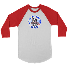 Load image into Gallery viewer, a red and white 3/4 sleeve jersey with the OMG You&#39;re Home! Boston Terrier dog Dad design on the front 