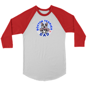 a red and white 3/4 sleeve jersey with the OMG You're Home! Boston Terrier dog Dad design on the front 