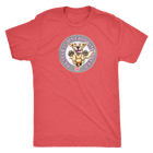 a men's red t-shirt featuring the original Golden Retriever dog artwork by OMG You're Home! This collection is dedicated to those of us who love and support rescues.