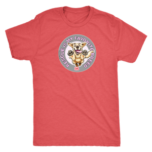 a men's red t-shirt featuring the original Golden Retriever dog artwork by OMG You're Home! This collection is dedicated to those of us who love and support rescues.