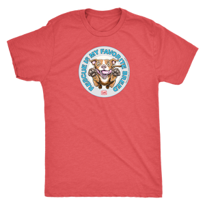 front view of a mens red Triblend t-shirt by Next Level featuring the original Red Nose Pitbull artwork by OMG You're Home! Part of the "Rescue is my favorite breed" collection.