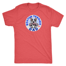 Load image into Gallery viewer,   a red men&#39;s t-shirt with a design of a Boston Terrier dog dad from OMG You&#39;re Home