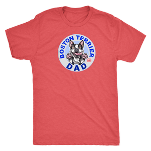   a red men's t-shirt with a design of a Boston Terrier dog dad from OMG You're Home