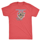 A men's red triblend shirt by Next Level featuring the original German Shepherd dog artwork by OMG You're HOME! This design has the text "Emotional Support Human" above the German Shepherd. 