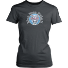 Front view of a grey District Shirt featuring the OMG You're HOME! Blue Nose Pitbull design in full vibrant color.