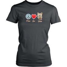 Load image into Gallery viewer, dark grey District Shirt featuring the Peace Love Yorkie dog design from OMG You&#39;re HOME!