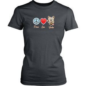 dark grey District Shirt featuring the Peace Love Yorkie dog design from OMG You're HOME!