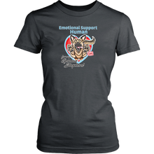 Load image into Gallery viewer, A womens grey shirt by District featuring the original German Shepherd dog artwork by OMG You&#39;re HOME! This design has the text &quot;Emotional Support Human&quot; above the German Shepherd. 