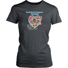 A womens grey shirt by District featuring the original German Shepherd dog artwork by OMG You're HOME! This design has the text "Emotional Support Human" above the German Shepherd. 